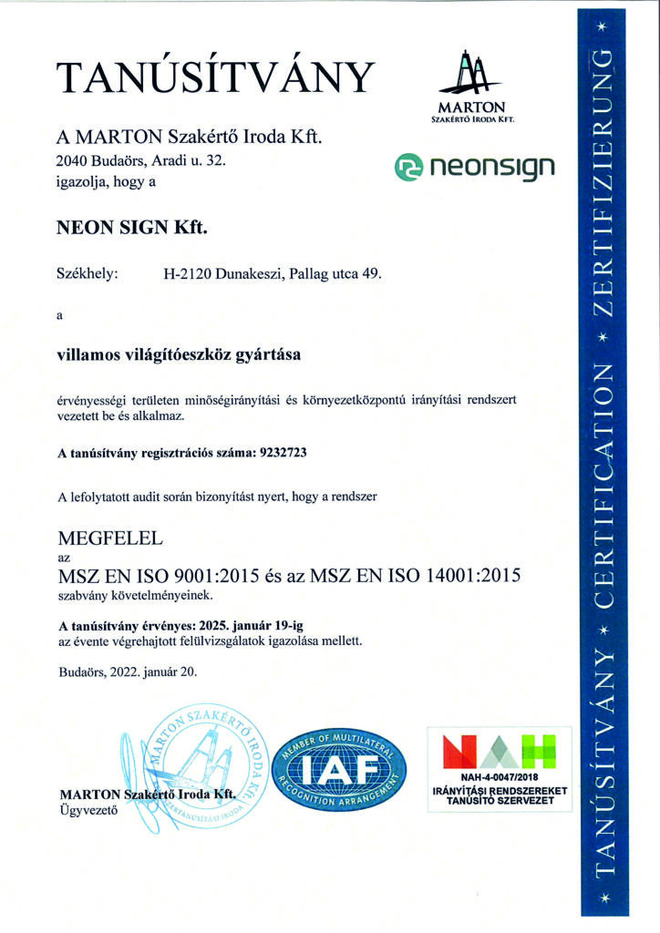 MSZ EN ISO 9001:2015-ös minőségirányítási és MSZ EN ISO 14001:2015-ös környezetközpontú irányítási rendszer tanúsítvány